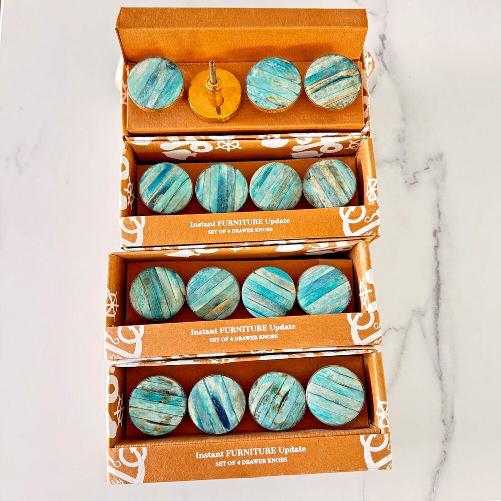 Boho Turquoise Drawer Knobs Set of 4 Blue Green Coastal Cabinet Pulls Brass Roun